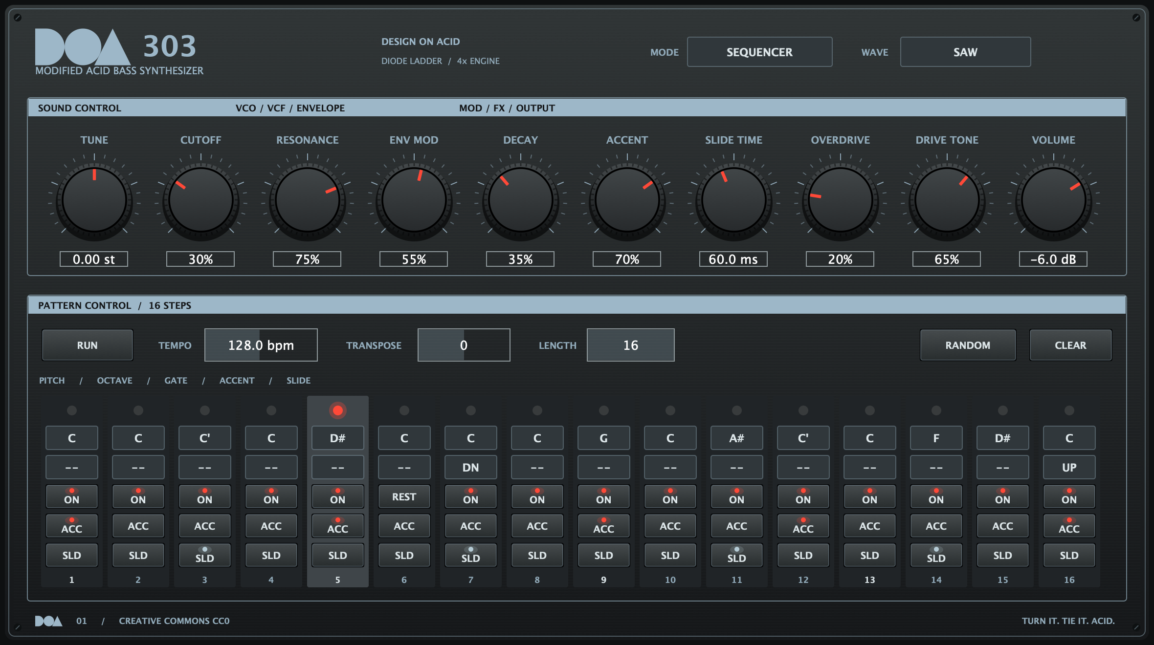 DOA303 plugin with the official geometric DOA logo, blue-grey controls, red indicators and a 16-step sequencer