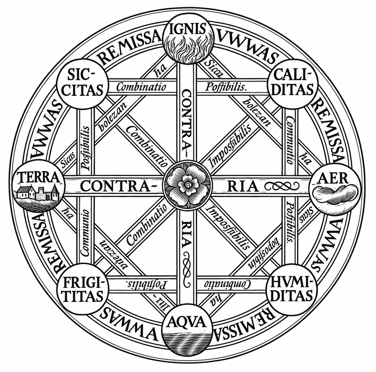 Black and white recreation of a historical elemental wheel: fire above, air to the right, water below, and earth to the left, connected through heat, moisture, cold, and dryness.