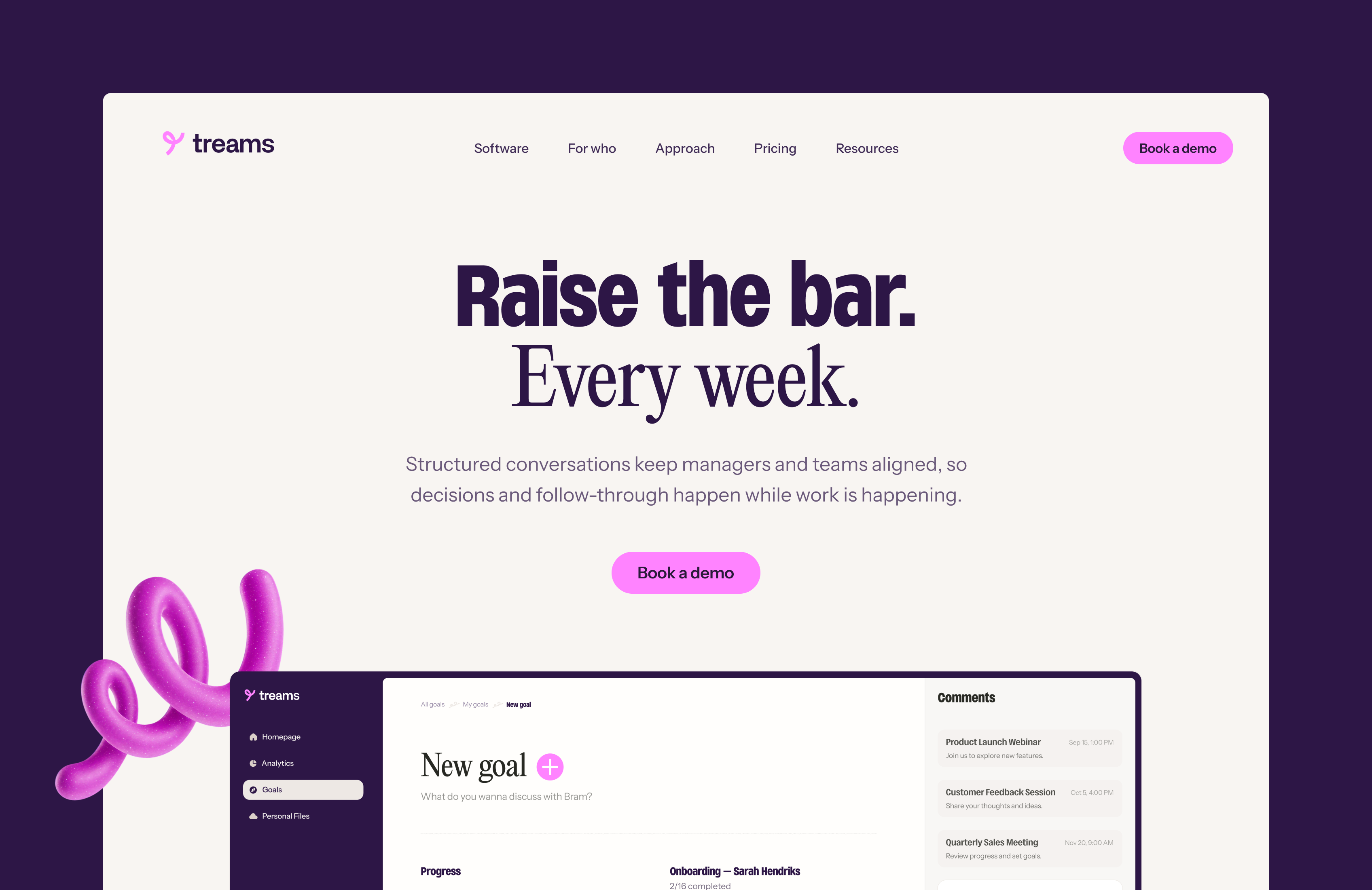Treams website design showing Raise the bar. Every week.
